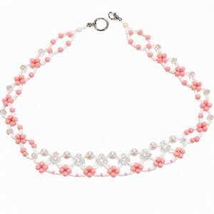 Dainty 17" VTG Style Handmade Pink White Flower Beaded Kawaii Princess Necklace